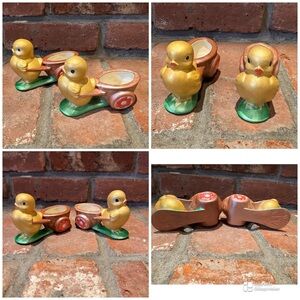 Set of 2 Small Vintage 70s Easter Chicks Candy, egg holder, planters